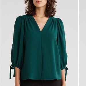 Renee C. Teal V-Neck Blouse with Tie Sleeves